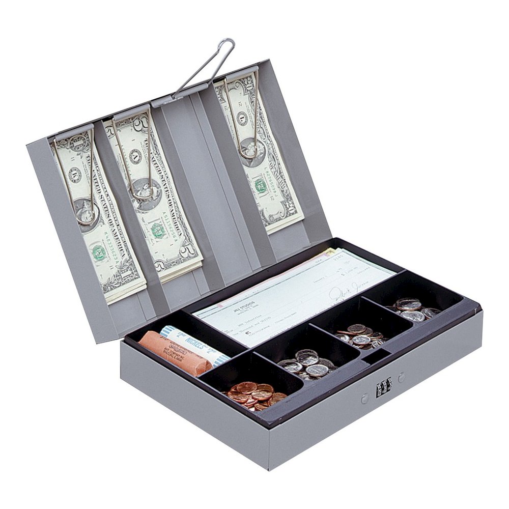 Sparco Steel Combination Lock Steel Cash Box - 6 Coin - Steel - Gray - 3.2" Height x 11.5" Width x 7.8" Depth. Picture 2