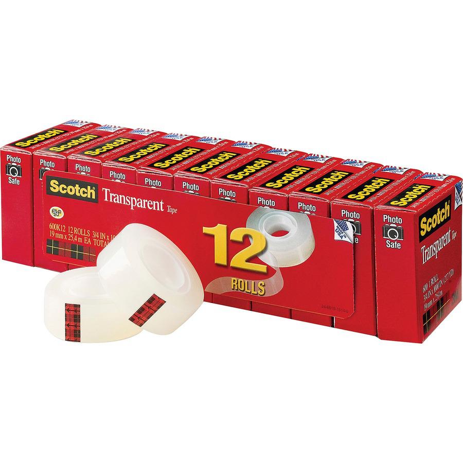 Scotch Transparent Tape - 3/4"W - 27.78 yd Length x 0.75" Width - 1" Core - Moisture Resistant, Stain Resistant, Long Lasting - For Wrapping, Sealing, Mending, Label Protection - 12 / Pack - Clear. Picture 3