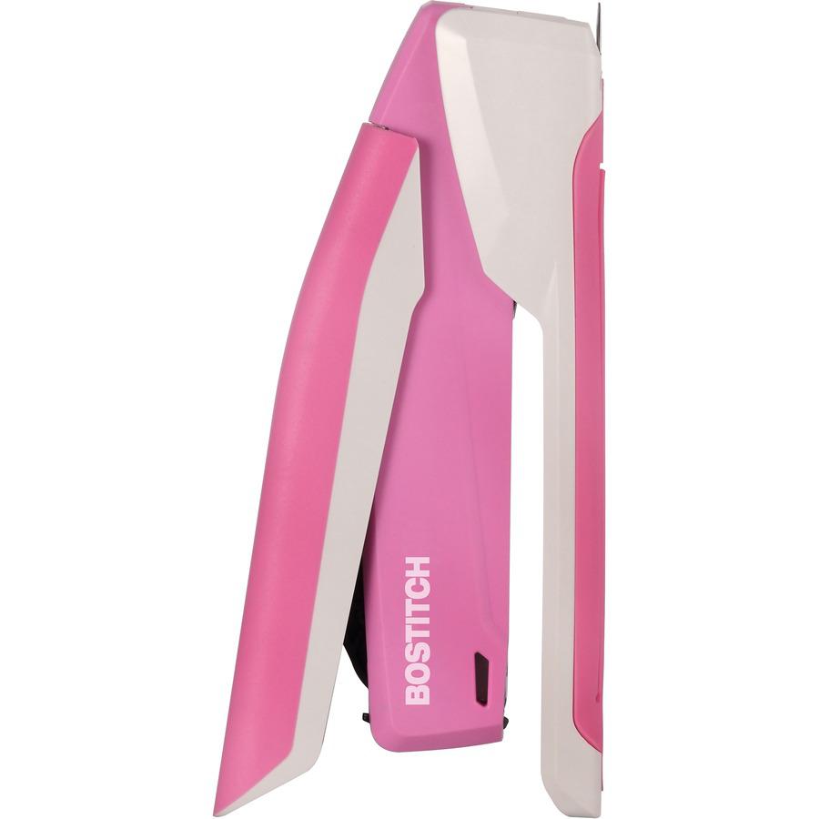 Bostitch InCourage Spring-Powered Antimicrobial Desktop Stapler - 20 of 20lb Paper Sheets Capacity - 210 Staple Capacity - Full Strip - 1 Each - Pink, White. Picture 6