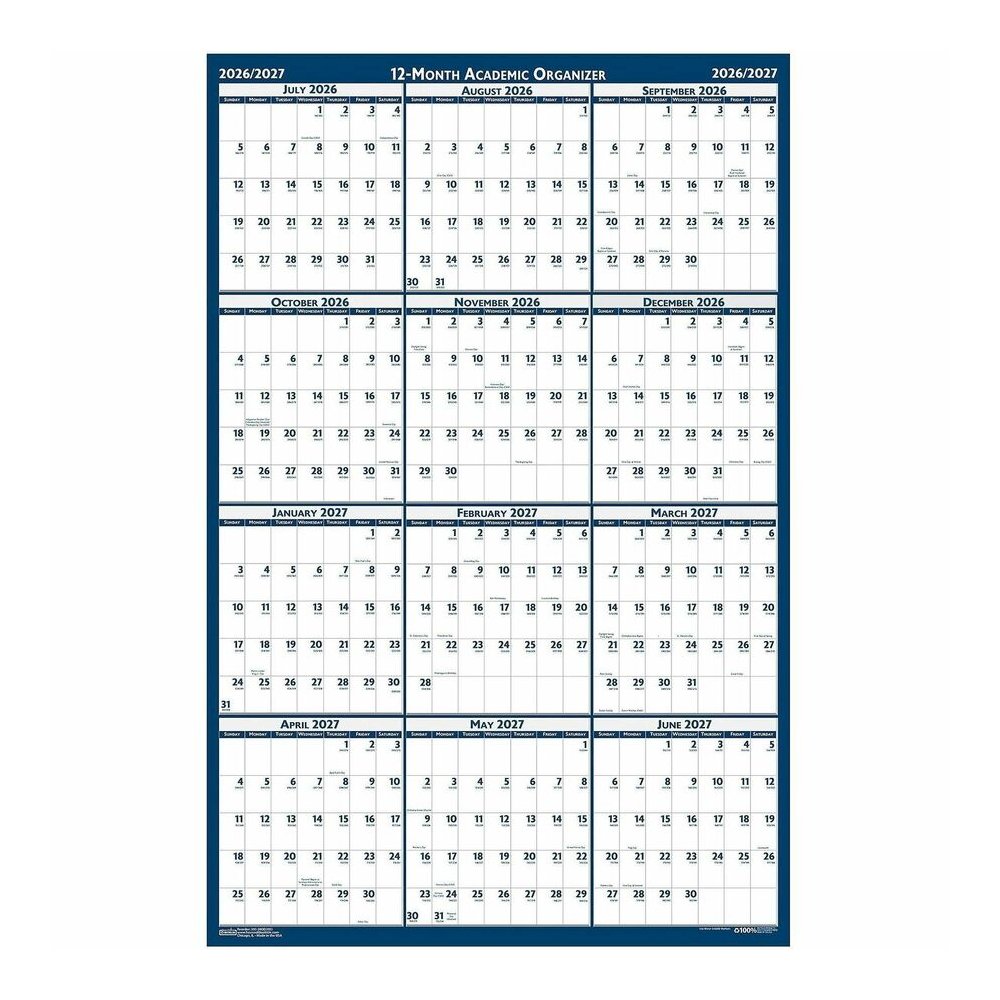 House of Doolittle Academic July-June Wall Calendar - Julian Dates - Yearly - 1 Year - July 2026 to June 2027 - 24" x 37" Sheet Size - 1.13" x 1.63" , 1.25" x 1.38" Block - Blue, Gray - Paper - 1 Each. Picture 2