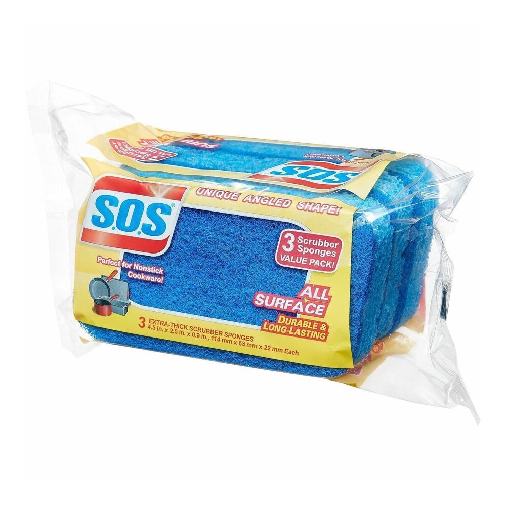 S.O.S All-Surface Scrubber Sponge - 5.3" Height x 3" Width x 0.9" Depth - 3/Pack - 8 / Carton - Cellulose - Blue. Picture 3