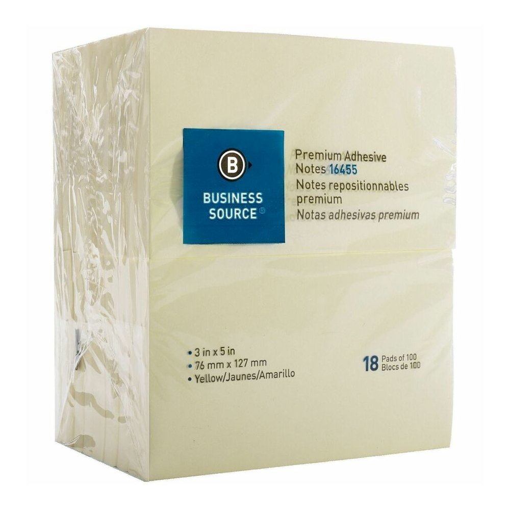 Business Source Repositionable Notes - 3" Flag/Note Width x 5" Flag/Note Length - Rectangle - Yellow - Repositionable, Solvent-free Adhesive - 18 / Pack. Picture 3