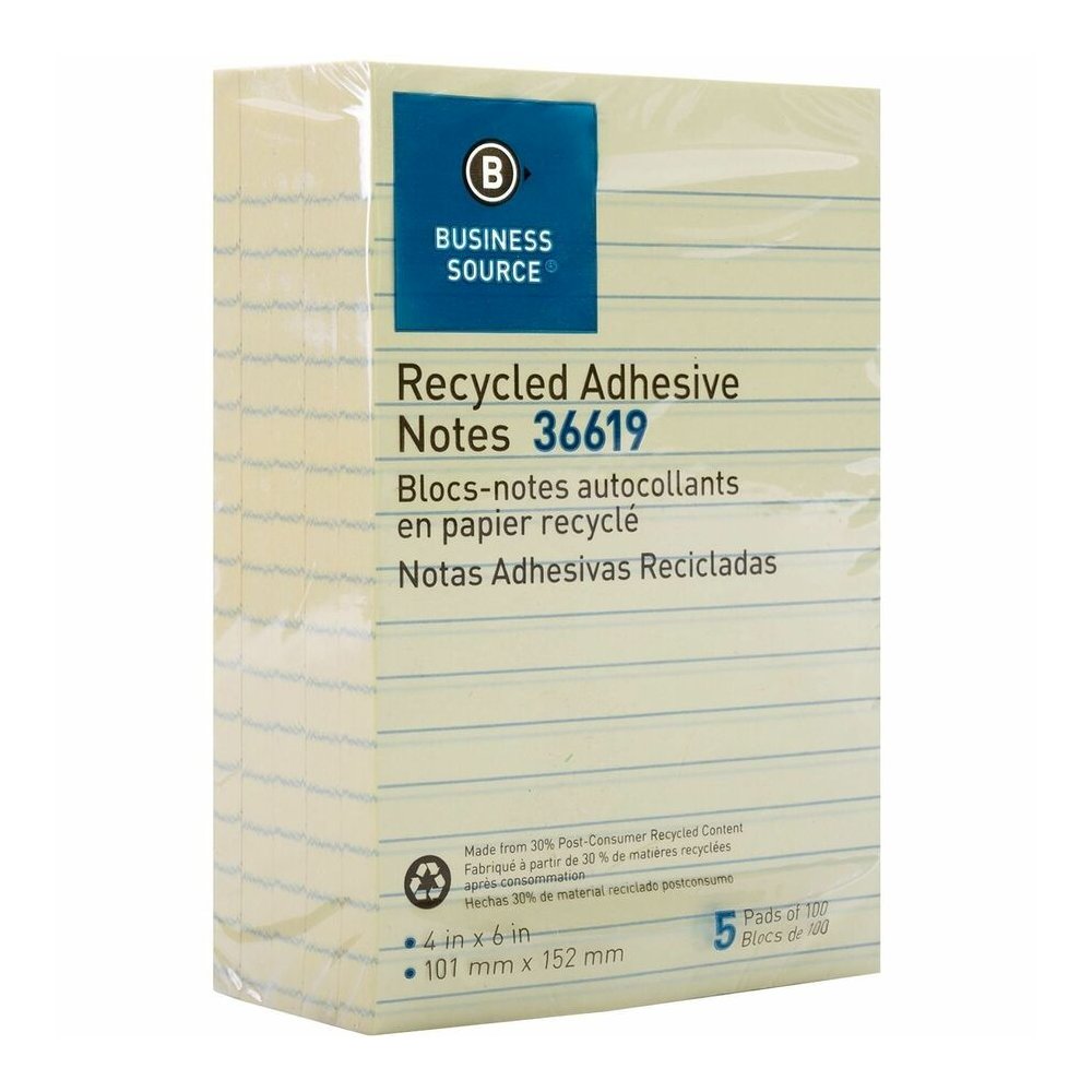 Business Source Yellow Adhesive Notes - 4" Flag/Note Width x 6" Flag/Note Length - Rectangle - Ruled - Yellow - Self-adhesive, Removable - Recycled - 5 / Pack. Picture 4