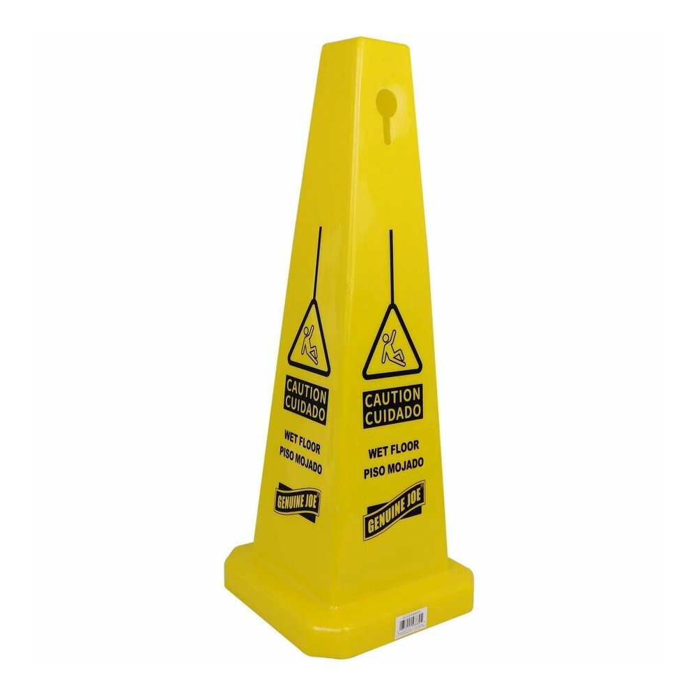 Genuine Joe Bright 4-sided Caution Safety Cone - English, Spanish - 10" Width x 24" Height x 10" Depth - Cone Shape - Stackable - Industrial - Polypropylene - Yellow - 1 Each. Picture 5