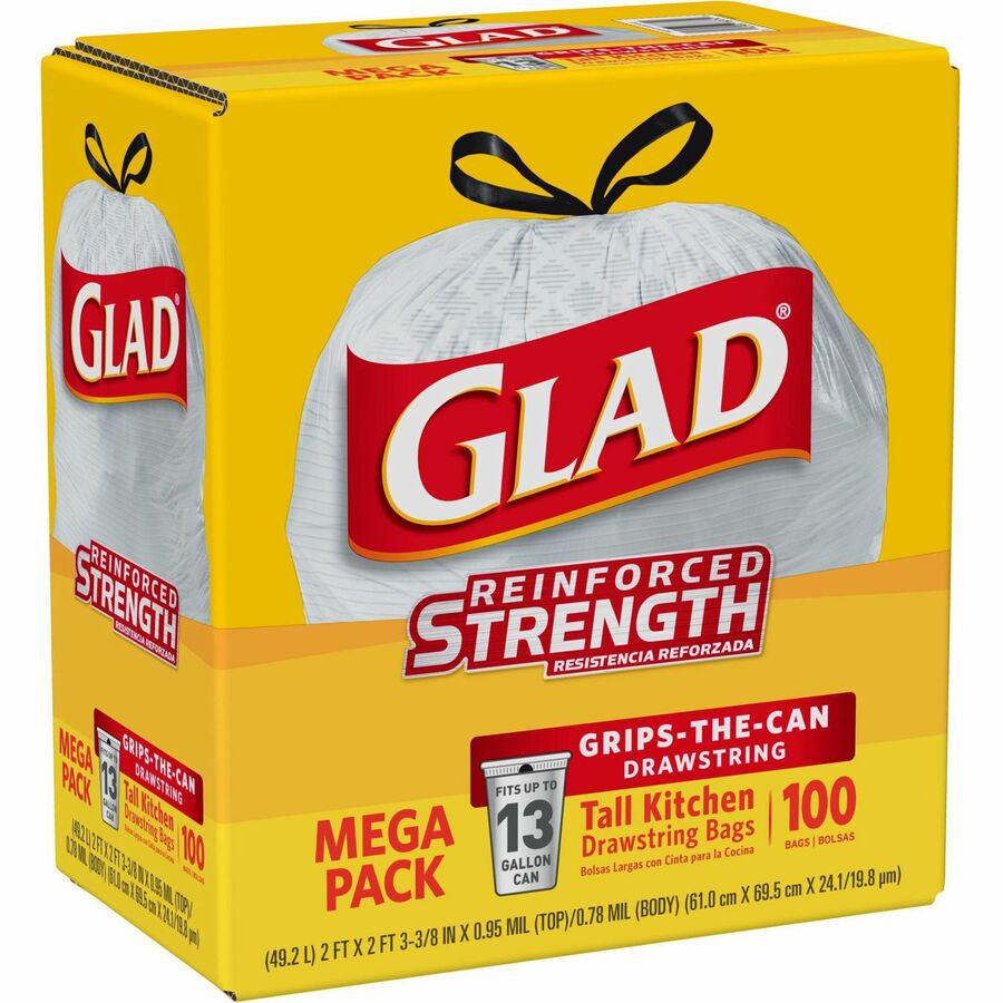 Glad ForceFlex Tall Kitchen Drawstring Trash Bags - 13 gal Capacity - 24" Width x 27" Length - 9 mil (229 Micron) Thickness - Drawstring Closure - White - Plastic - 100/Box - Kitchen, Office, Day Care. Picture 7