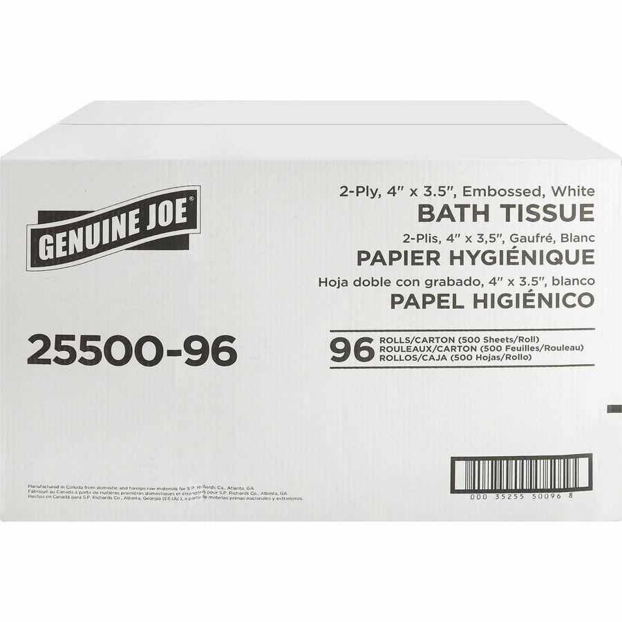 Genuine Joe 2-ply Standard Bath Tissue Rolls - 2 Ply - 4" x 3.20" - 500 Sheets/Roll - 1.63" Core - White - 96 / Carton. Picture 4
