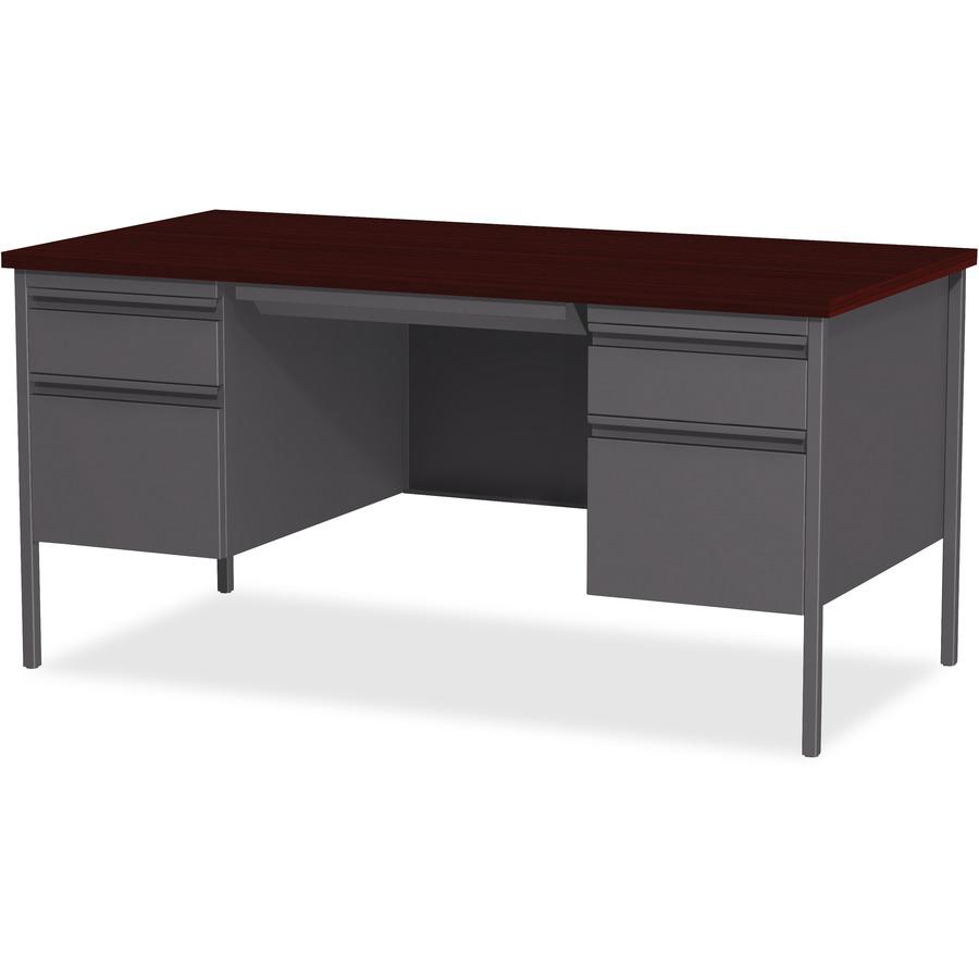 Lorell Fortress Series Double-Pedestal Desk - Rectangle Top - 60" Table Top Width x 30" Table Top Depth x 1.12" Table Top Thickness - 29.50" HeightAssembly Required - Laminated, Mahogany - Steel - 1 E. Picture 5