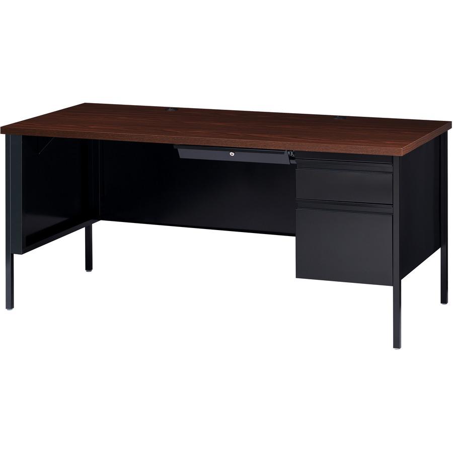 Lorell Fortress Series 66" Right-Pedestal Desk - Laminated Rectangle, Walnut Top - 30" Table Top Length x 66" Table Top Width x 1.13" Table Top Thickness - 29.50" Height x 66" Width x 30" Depth - Busi. Picture 6