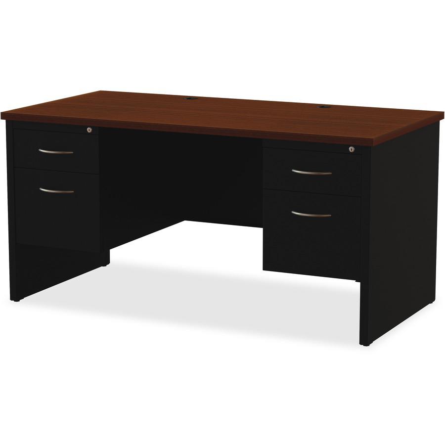 Lorell Fortress Modular Series Double-Pedestal Desk - 60" Width x 30" Depth, x 1.1" Thickness Top - Total Drawer(s): 4 - Double Pedestal - Material: Steel - Finish: Walnut Laminate, Black - Scratch Re. Picture 6