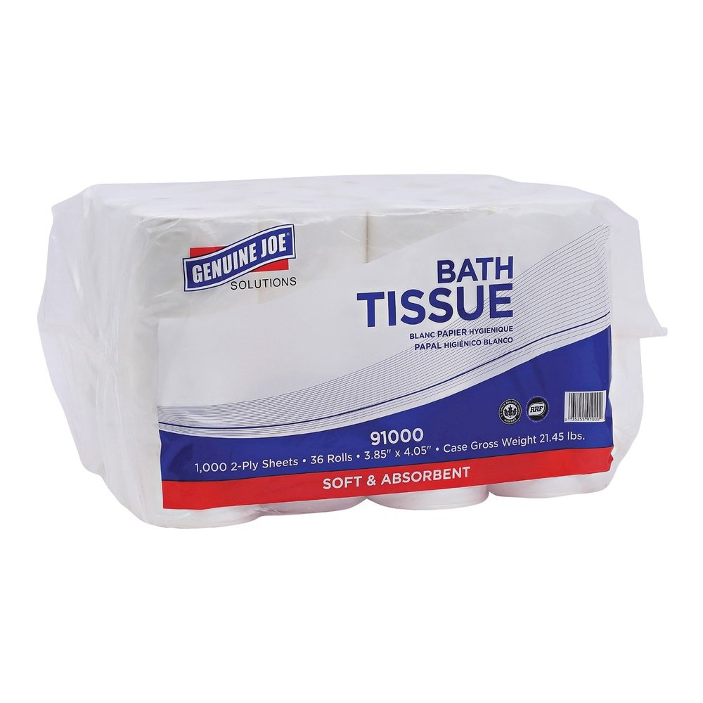 Genuine Joe Solutions Double Capacity Bath Tissue - 2 Ply - 1000 Sheets/Roll - 45/64" Core - White - Virgin Fiber - 36 / Carton. Picture 10