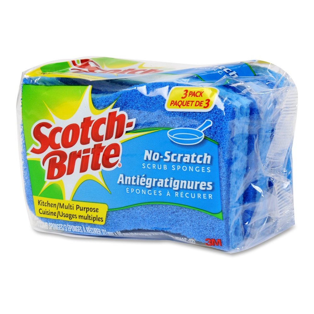 Scotch-Brite No Scratch Scrub Sponges - 2.8" Height x 4.5" Width x 4.5" Length x 590 mil Thickness - 3/Pack - 8 / Carton - Blue. Picture 2