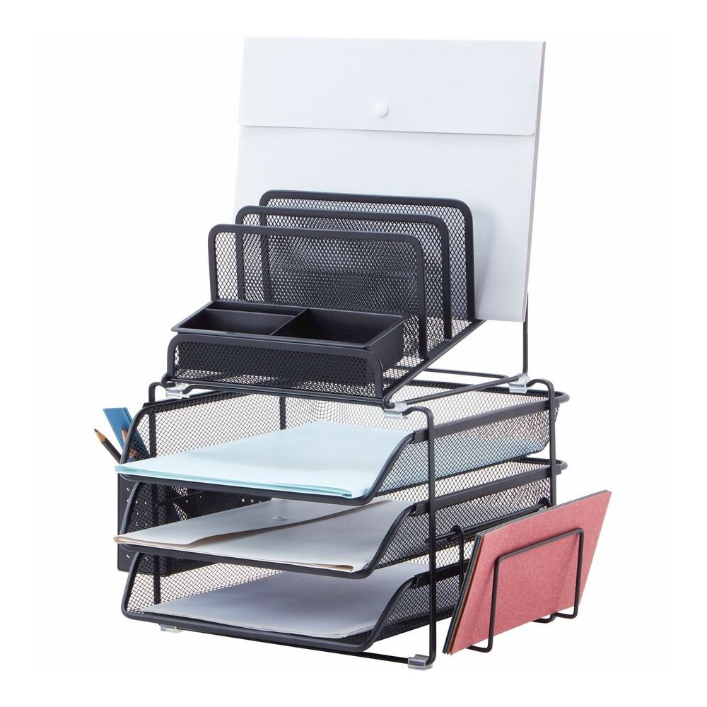 Lorell Divided 4-tier Desktop Organizer - 4 Tier(s) - 15.75" Height x 12.87" Width x 14.37" Depth - Desktop - Black - Plastic, Mesh - 1 Each. Picture 5