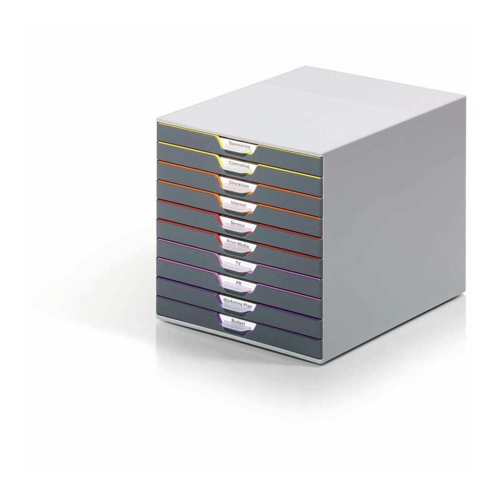 DURABLE&reg; VARICOLOR&reg; Desktop 10 Drawer Organizer - 11" W x 11-3/8" H x 14" D - 10 Drawers - Color Labeled Tabs - Charcoal. Picture 4