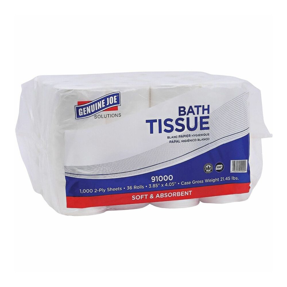 Genuine Joe Solutions Double Capacity Bath Tissue - 2 Ply - 1000 Sheets/Roll - White - Virgin FiberPack - 36/Pack - 56 / Pallet. Picture 10
