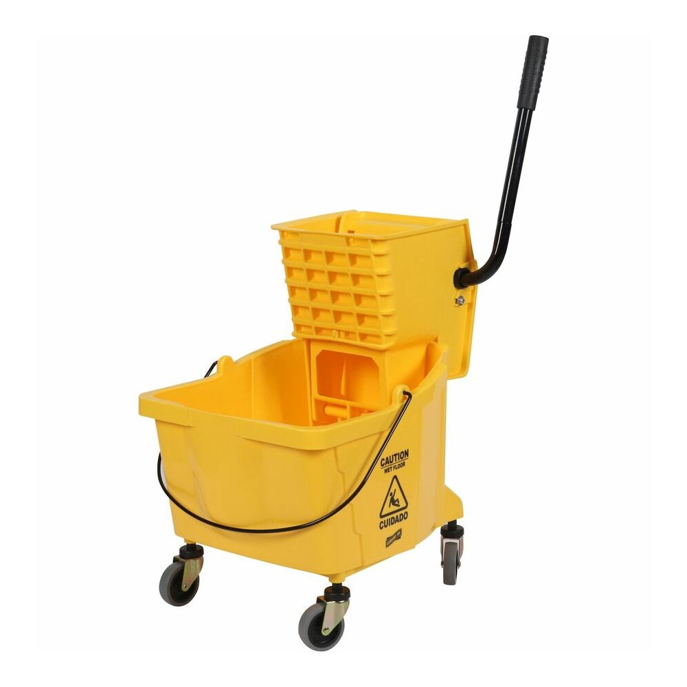 Genuine Joe 35-quart Side Press Mop Bucket & Wringer Combo - 8.75 gal - Caster - 21" x 16" x 14" - Yellow - 18 / Pallet. Picture 6
