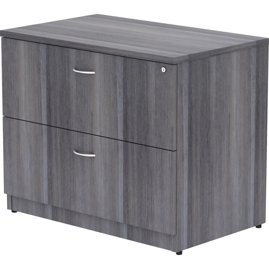 Lorell Essentials Series Lateral File - 29.5" Height x 35" Width x 22" Depth, 1" Thickness Top - Total Drawer(s): 2 - Finish: Weathered Charcoal, Laminate - Durable, Ball Bearing Glide, Locking System. Picture 5