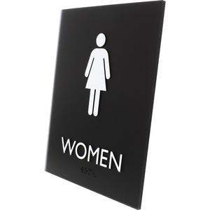 Lorell Women's Restroom Sign - Print/Message "Women" - 6.4" Width x 8.5" Height - Rectangular Shape - Surface-mountable - Easy Readability, Braille - Plastic - Black - 1 Each. Picture 4