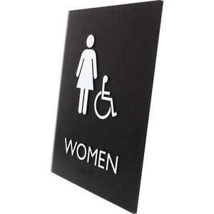 Lorell Women's Handicap Restroom Sign - Print/Message "Women" - 6.4" Width x 8.5" Height - Rectangular Shape - Surface-mountable - Easy Readability, Braille - Plastic - Black - 1 Each. Picture 3