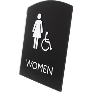 Lorell Arched Women's Handicap Restroom Sign - Print/Message "Women" - 6.8" Width x 8.5" Height - Rectangular Shape - Surface-mountable - Easy Readability, Braille - Plastic - Black - 1 Each. Picture 4