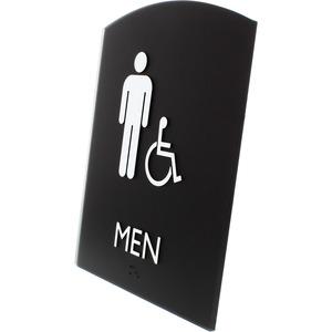 Lorell Arched Men's Handicap Restroom Sign - Print/Message "Men" - 6.8" Width x 8.5" Height - Rectangular Shape - Surface-mountable - Easy Readability, Braille - Plastic - Black - 1 Each. Picture 4