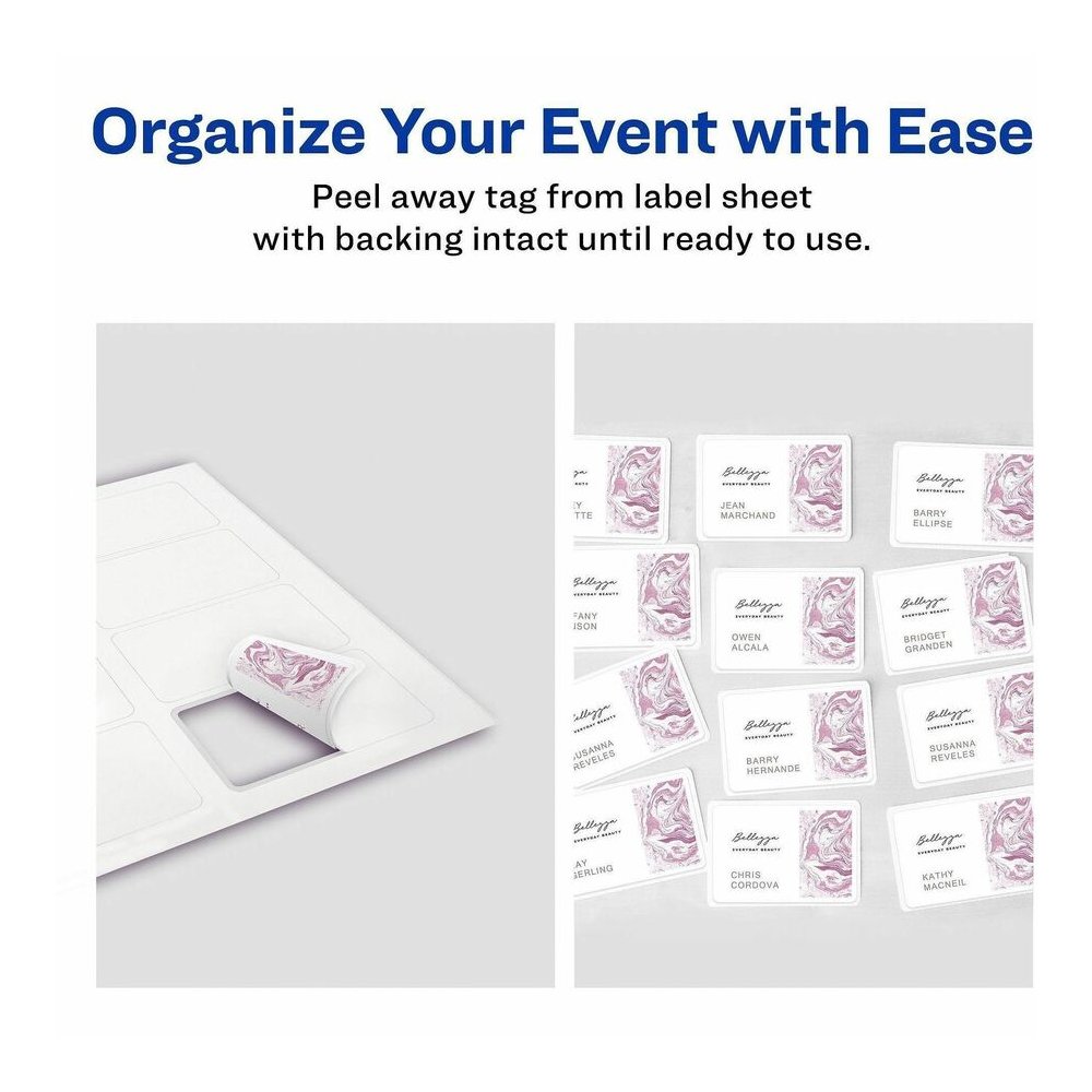 Avery&reg; Flexible Name Badges, 2-1/3" x 3-3/8" , Matte, 80ct (25395) - x 2 21/64" Width x 3 3/8" Length - Removable Adhesive - Rectangle - Inkjet, Laser - Matte - White - Film - 8 / Sheet - 10 Total. Picture 7