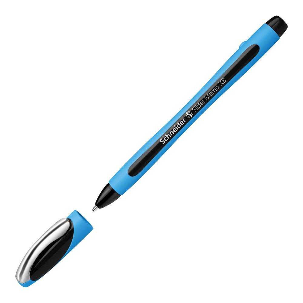 Schneider Slider Memo XB Ballpoint Pen - Black Ink - Black Rubberized, Light Blue Barrel - Stainless Steel Tip - 10 / Pack. Picture 4