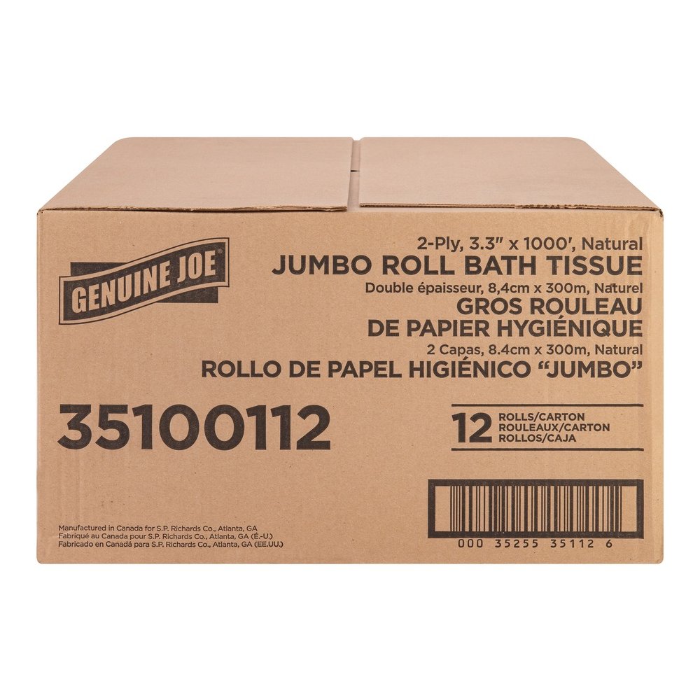 Genuine Joe Jumbo Jr Dispenser Bath Tissue Roll - 2 Ply - 3.30" Width x 1000 ft Length - 8.88" Roll Diameter - White - Fiber - 12 / Carton. Picture 5