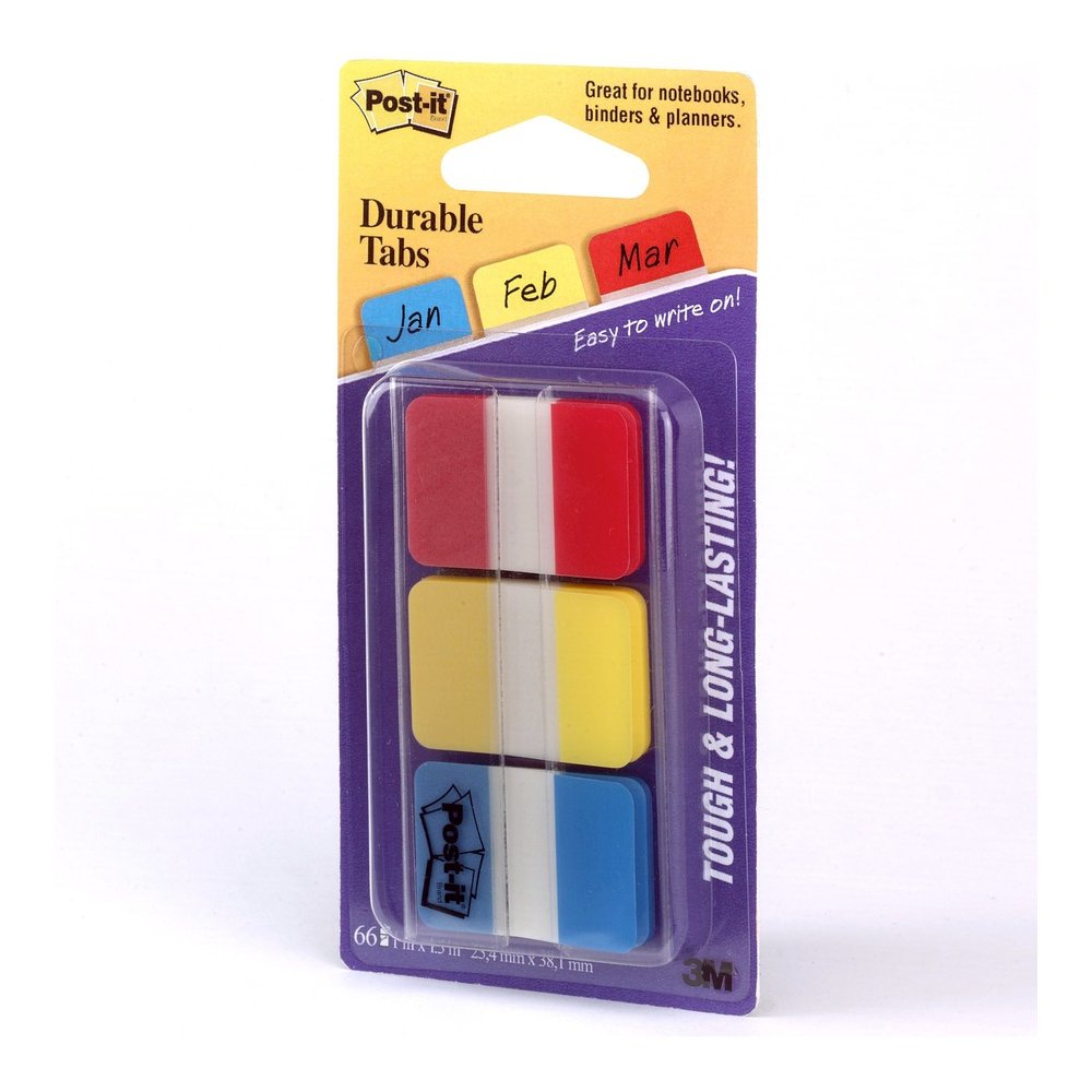 Post-it&reg; Durable Tabs - Write-on Tab(s) - 0.98" Tab Height x 1" Tab Width - Self-adhesive, Removable - Red, Yellow, Blue, Neon Tab(s)No - Wear Resistant, Tear Resistant, Durable, Writable, Reposit. Picture 3