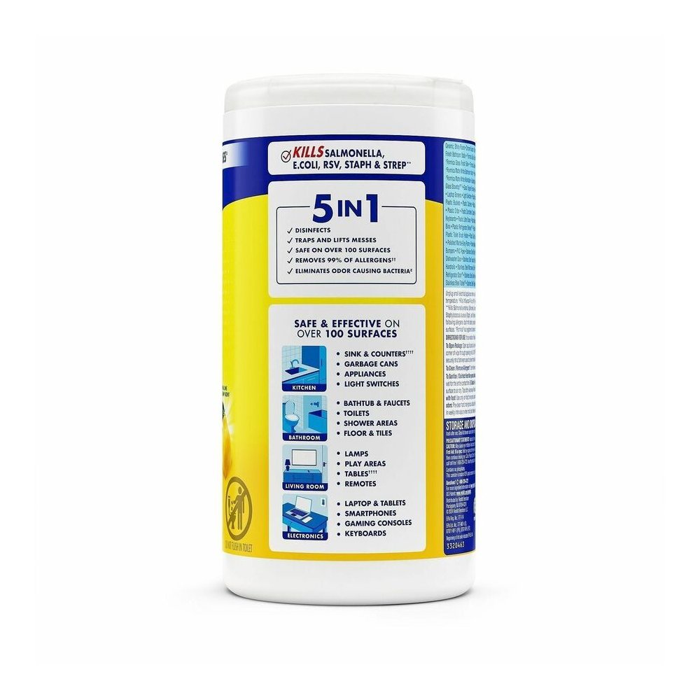 Lysol Disinfecting Wipes - Ready-To-Use - Lemon, Lime Blossom Scent - 7" Length x 7.25" Width - Bleach-free, Antibacterial, Disinfectant, Pre-moistened - White - 80/Tub - 6 / Carton. Picture 5