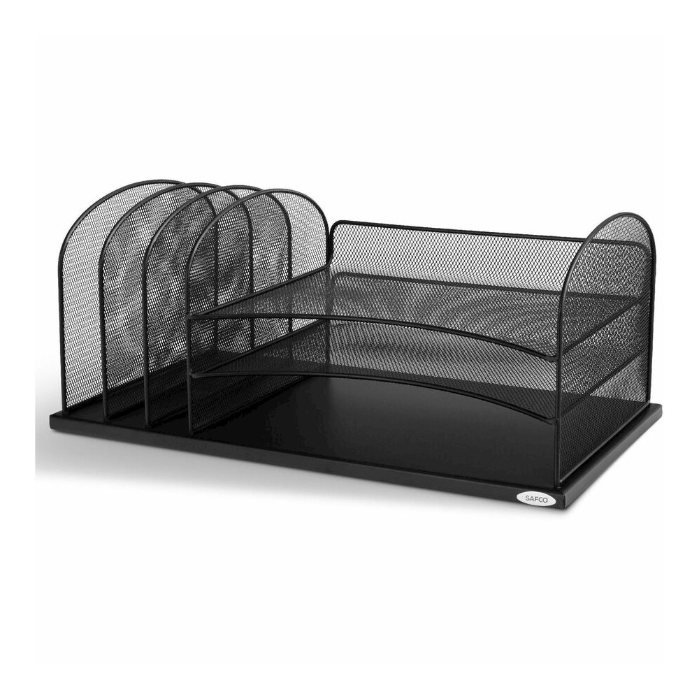 Safco Onyx 3 Tray/3 Upright Section Desk Organizer - 5 Compartment(s) - 8.25" Height x 19.50" Width x 11.50" Depth - Desktop - Powder Coated - Black - Steel - 1 Each. Picture 7