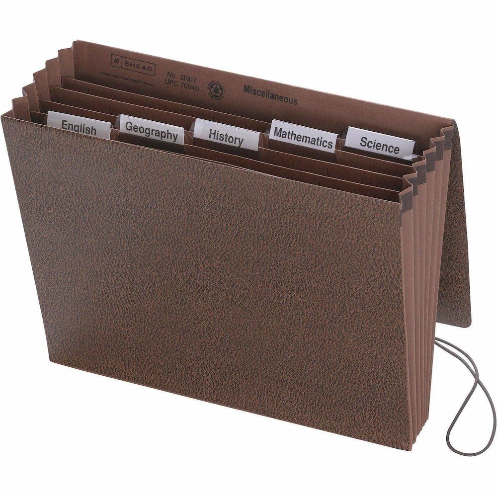 Smead 1/5 Tab Cut Letter Recycled Expanding File - 8 1/2" x 11" - 5 1/4" Expansion - 6 Pocket - Top Tab Location - Assorted Tab Position - Redrope - Elastic Closure, Flap - 30% Recycled - 1 Each. Picture 5