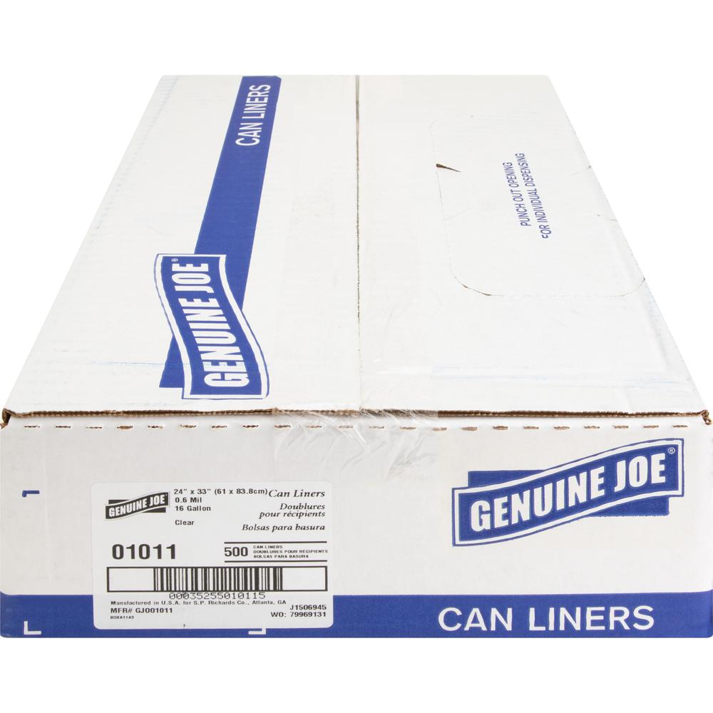 Genuine Joe Clear Trash Can Liners - Small Size - 16 gal Capacity - 33" Length x 24" Width x 0.60 mil (15 Micron) Thickness - Low Density - Clear - 500/Box - 1 Carton. Picture 4