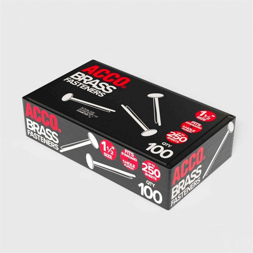 ACCO Brass Fasteners - 1.5" Length - 75 Sheet Capacity - Flexible, Heavy Duty, Corrosion-free, Self-piercing Point, Rust Proof - Brass - 100 / Box. Picture 4