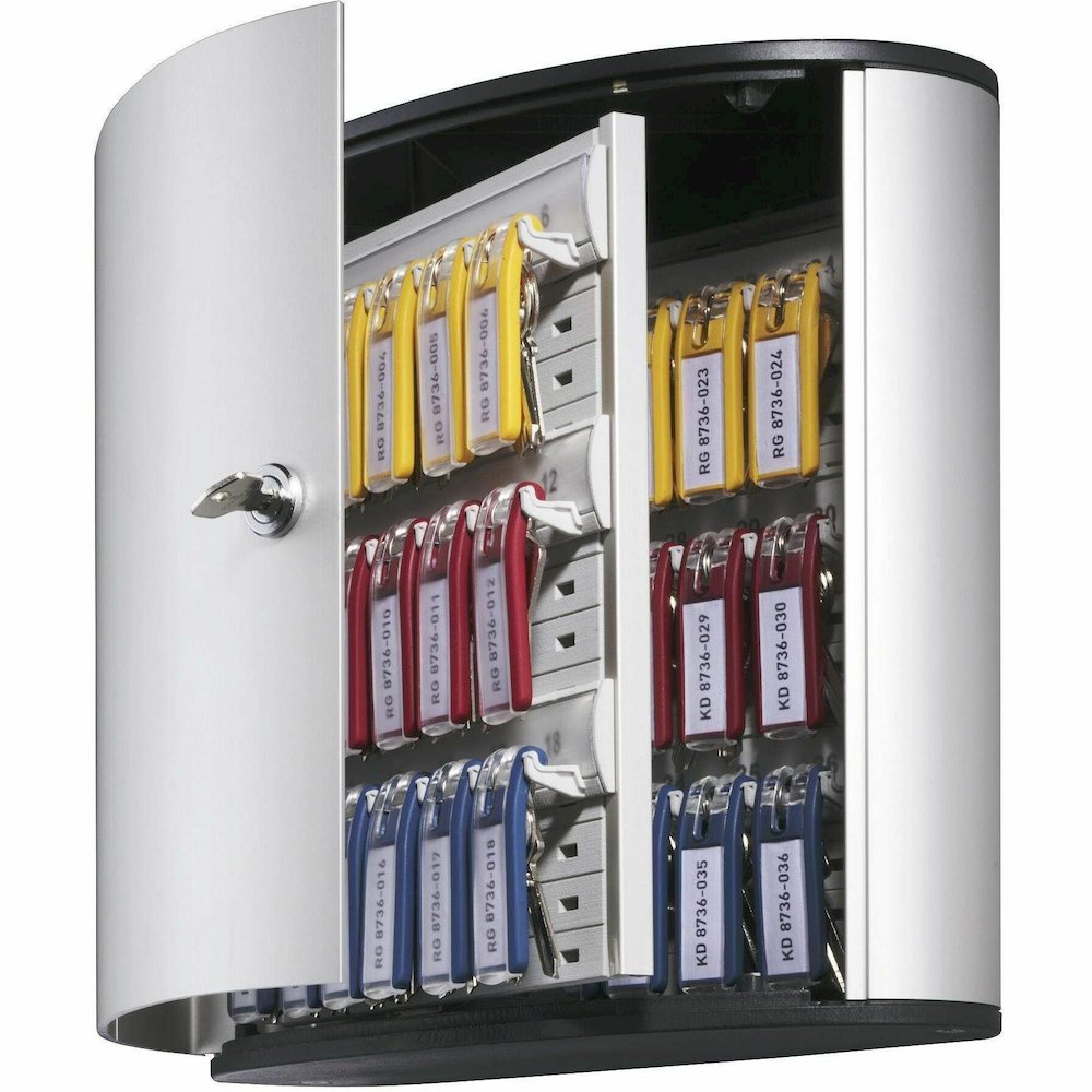 DURABLE 36 Key Brushed Aluminum Cabinet - 4.8" Width x 11" Depth x 11.9" Height - 1 x Front Open Door(s) - Security Lock - Silver - Aluminum. Picture 4