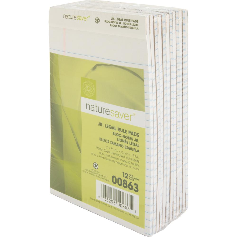 Nature Saver 100% Recycled White Jr. Rule Legal Pads - Jr.Legal - 50 Sheets - 0.28" Ruled - 15 lb Basis Weight - Jr.Legal - 5" x 8" Sheet Size - White Paper - Perforated, Back Board - Recycled - 1 Doz. Picture 2