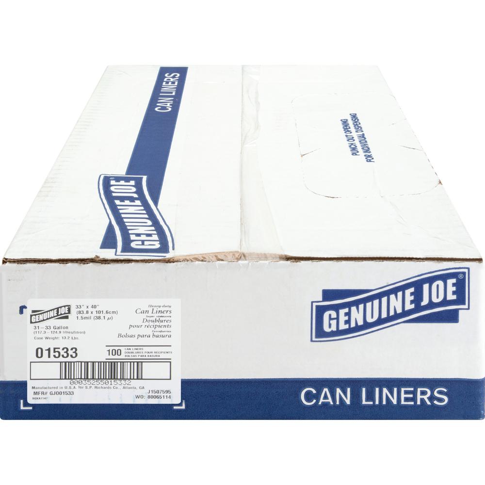 Genuine Joe Heavy-Duty Trash Can Liners - Medium Size - 33 gal Capacity - 40" Length x 33" Width x 1.50 mil (38 Micron) Thickness - Low Density - Black - 100/Box - 1 Carton. Picture 5