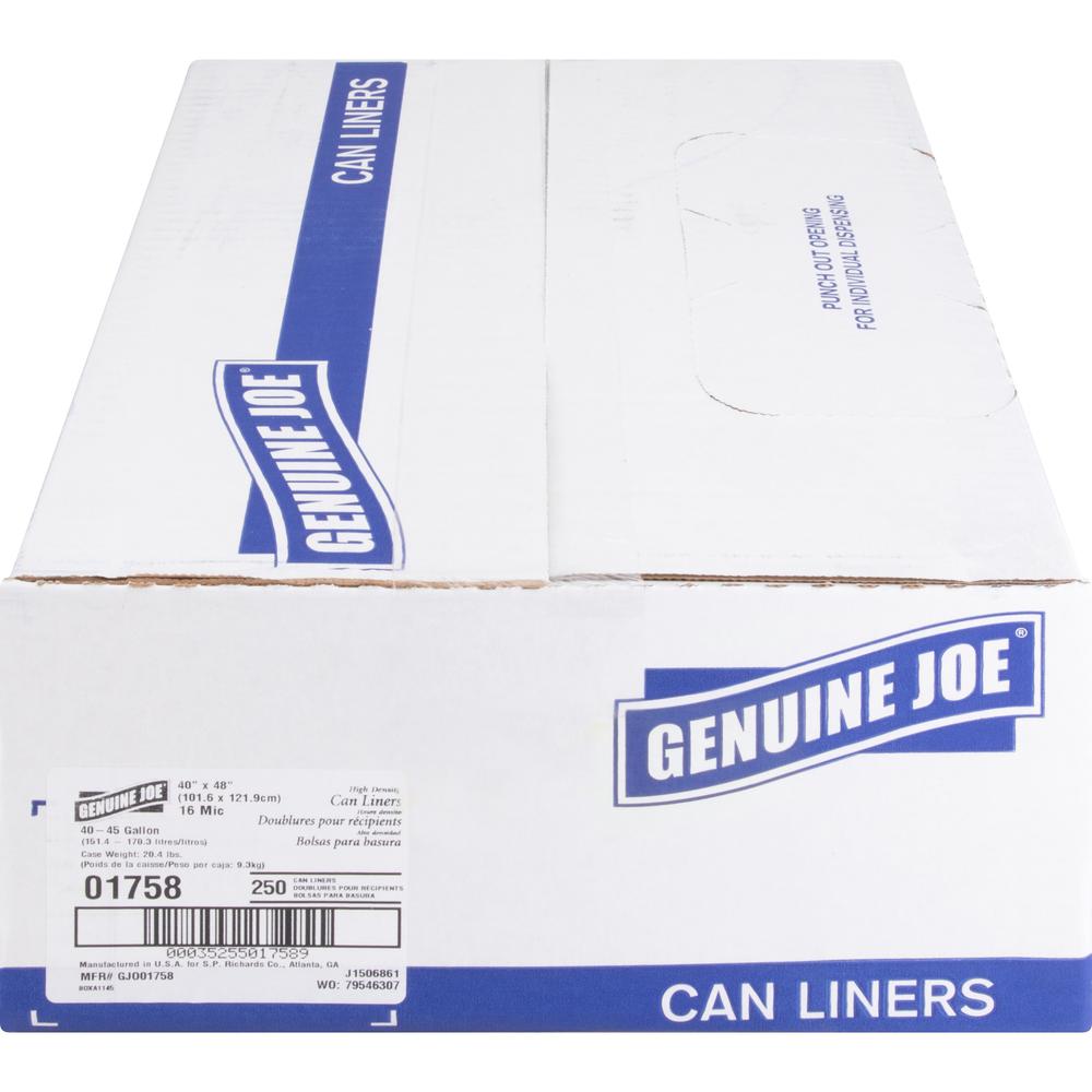 Genuine Joe High-density Can Liners - Large Size - 45 gal Capacity - 48" Length x 40" Width x 0.63 mil (16 Micron) Thickness - High Density - Clear - Resin - Office Waste, Industrial Trash - No - 25/R. Picture 5