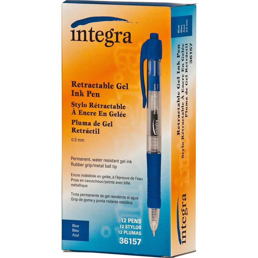 Integra Retractable 0.5mm Gel Pens - Retractable - Blue Ink - Gel-based - Blue Barrel - Metal Tip - Writing - 1 Dozen. Picture 3