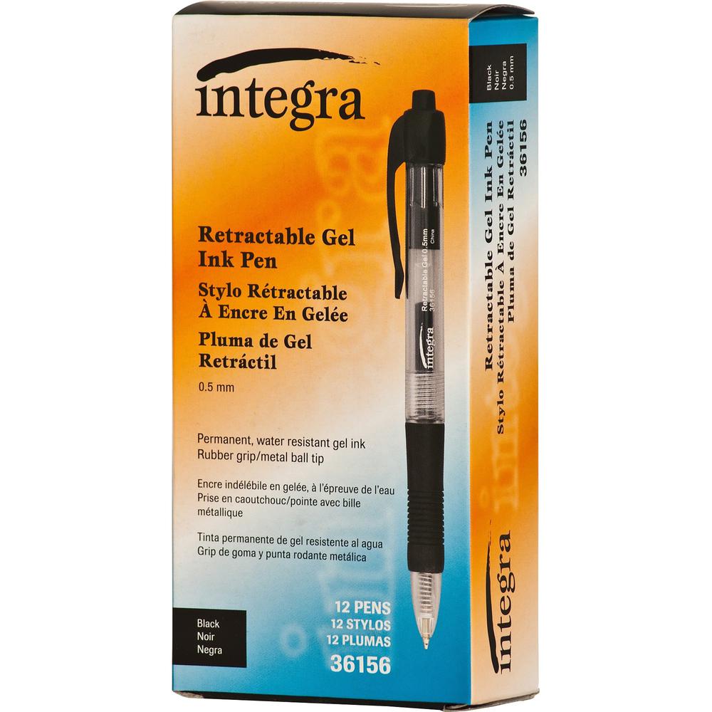 Integra Retractable 0.5mm Gel Pens - Retractable - Black Ink - Gel-based - Black Barrel - Metal Tip - 1 Dozen. Picture 7