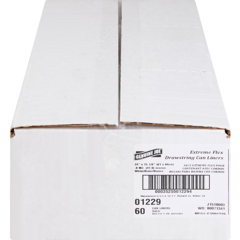 Genuine Joe Flexible Drawstring Trash Can Liners - Small Size - 13 gal Capacity - 25.13" Length x 24" Width x 0.90 mil (23 Micron) Thickness - Low Density - Drawstring Closure - White - Resin - 60/Box. Picture 8