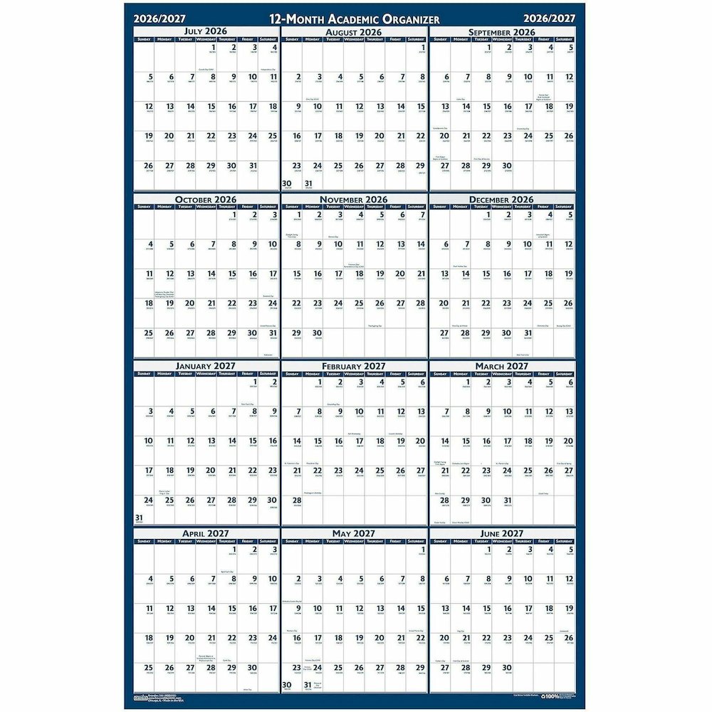 House of Doolittle Academic July-June Wall Calendar - Julian Dates - Yearly - 1 Year - July 2026 to June 2027 - 24" x 37" Sheet Size - 1.13" x 1.63" , 1.25" x 1.38" Block - Blue, Gray - Paper - 1 Each. Picture 3