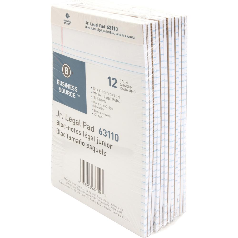 Business Source Writing Pads - 50 Sheets - 0.28" Ruled - 16 lb Basis Weight - Jr.Legal - 8" x 5" Sheet Size - White Paper - Micro Perforated, Easy Tear, Sturdy Back - 1 Dozen. Picture 2