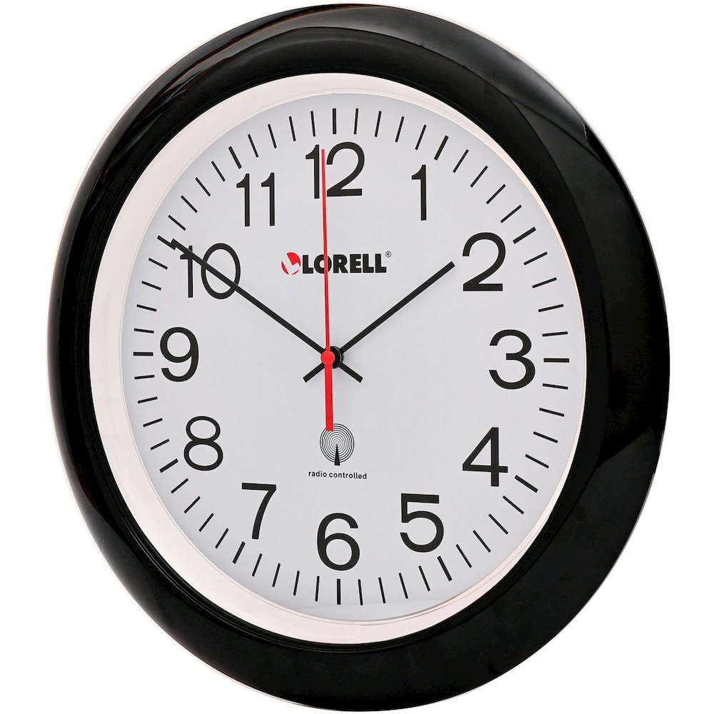 Lorell 13-1/4" Radio-Controlled Wall Clock - Analog - Quartz - White Main Dial - Black Case - Plastic. Picture 5