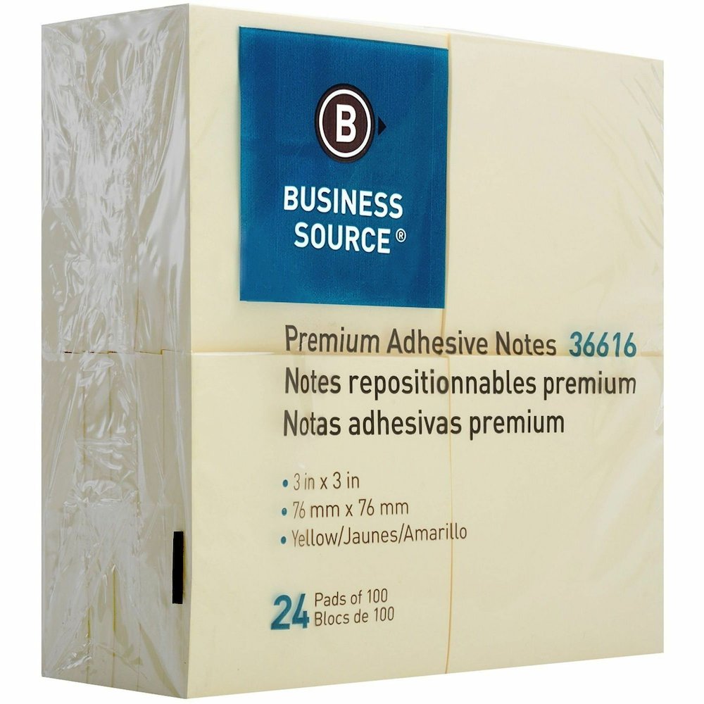 Business Source Yellow Repostionable Adhesive Notes - 3" Flag/Note Width x 3" Flag/Note Length - Square - Yellow - Repositionable, Solvent-free Adhesive - 24 / Pack. Picture 7