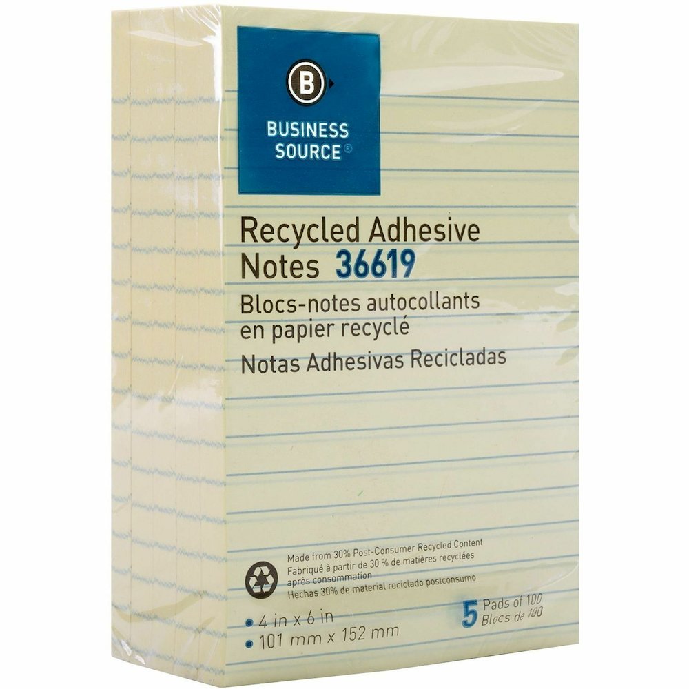 Business Source Yellow Adhesive Notes - 4" Flag/Note Width x 6" Flag/Note Length - Rectangle - Ruled - Yellow - Self-adhesive, Removable - Recycled - 5 / Pack. Picture 5
