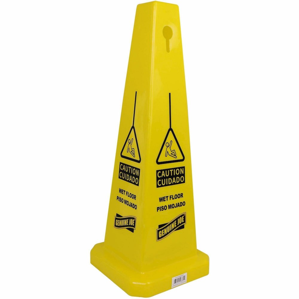 Genuine Joe Bright 4-sided Caution Safety Cone - English, Spanish - 10" Width x 24" Height x 10" Depth - Cone Shape - Stackable - Industrial - Polypropylene - Yellow - 1 Each. Picture 6