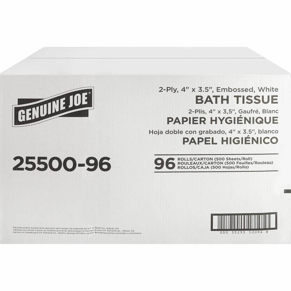 Genuine Joe 2-ply Standard Bath Tissue Rolls - 2 Ply - 4" x 3.20" - 500 Sheets/Roll - 1.63" Core - White - 96 / Carton. Picture 3