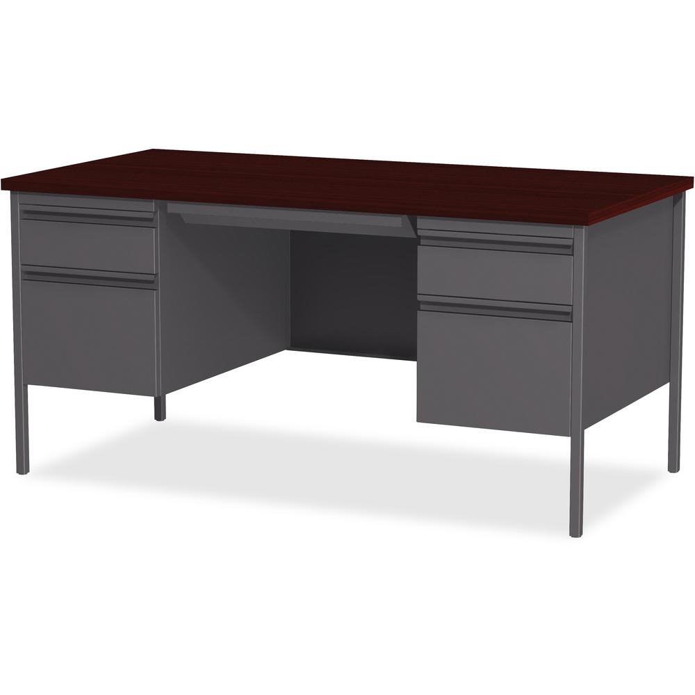 Lorell Fortress Series Double-Pedestal Desk - Rectangle Top - 60" Table Top Width x 30" Table Top Depth x 1.12" Table Top Thickness - 29.50" HeightAssembly Required - Laminated, Mahogany - Steel - 1 E. Picture 4