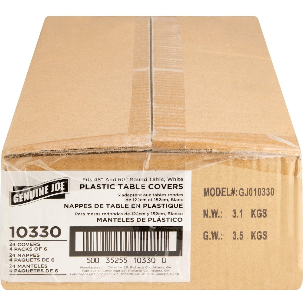 Genuine Joe Plastic Round Tablecovers - 84" Diameter - Plastic - White - 6/Pack - 4 / Carton. Picture 3