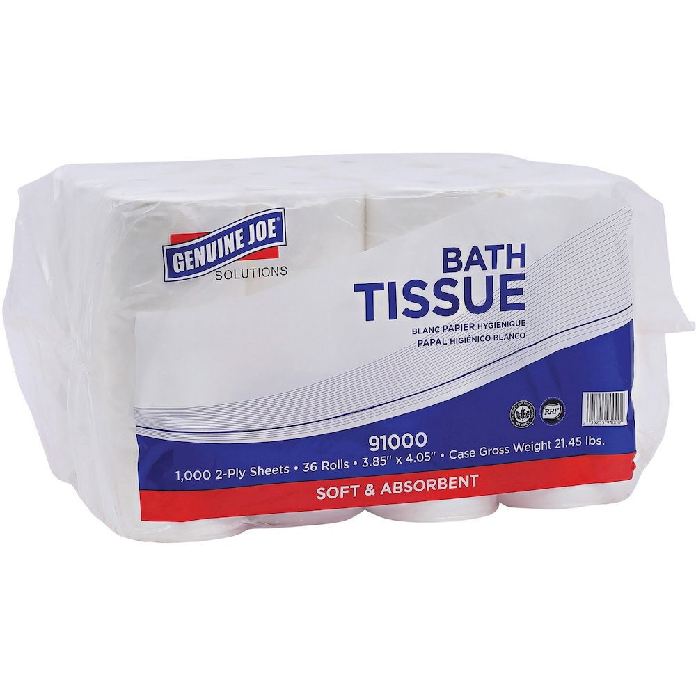 Genuine Joe Solutions Double Capacity Bath Tissue - 2 Ply - 1000 Sheets/Roll - 45/64" Core - White - Virgin Fiber - 36 / Carton. Picture 11